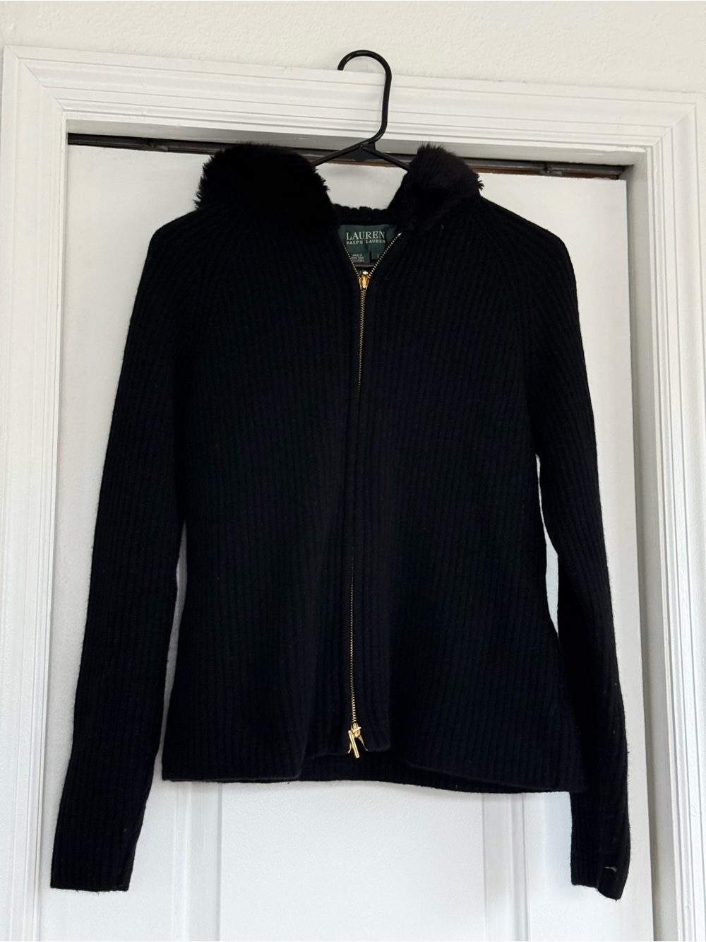 Lauren Ralph Lauren Black Ribbed Zip-Up Jacket with Fur Collar